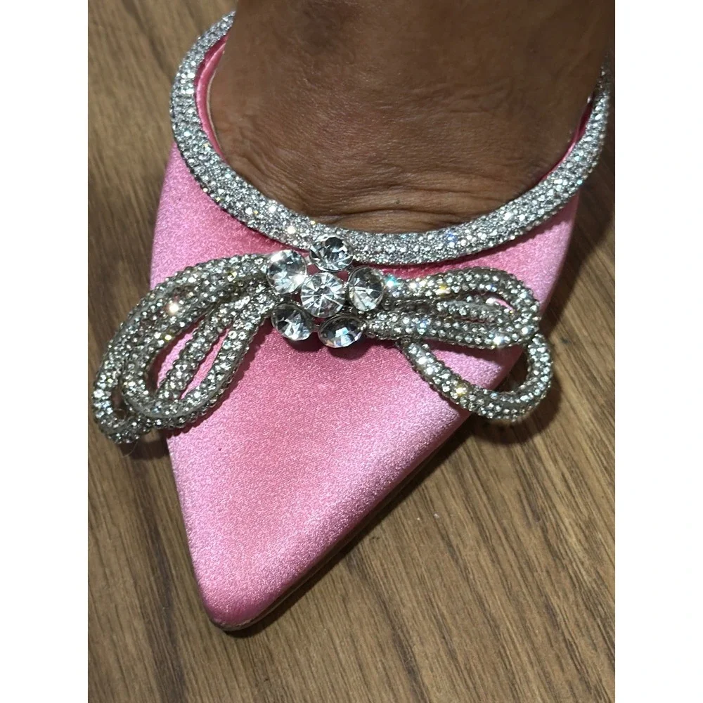 Steve Madden Pink Satin Rhinestone Bow Ankle Strap Pointed Toe Pumps Heels